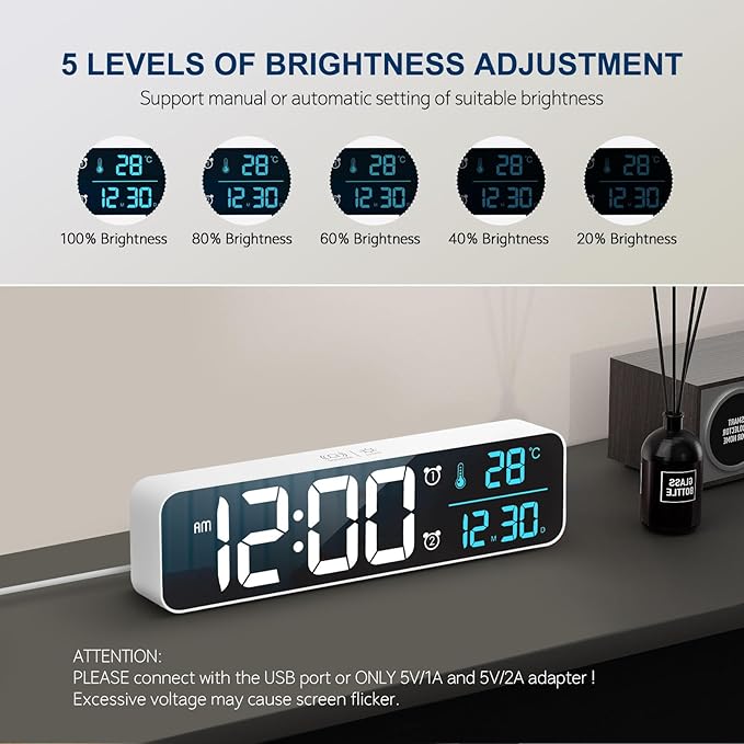 Hournor Digital Clock for Bedroom, Digital Wall Clock for Living Room Decor, Desk Table Clocks, Digital Clock Large Display, Bedroom Smart Alarm Clock for Office White Blue