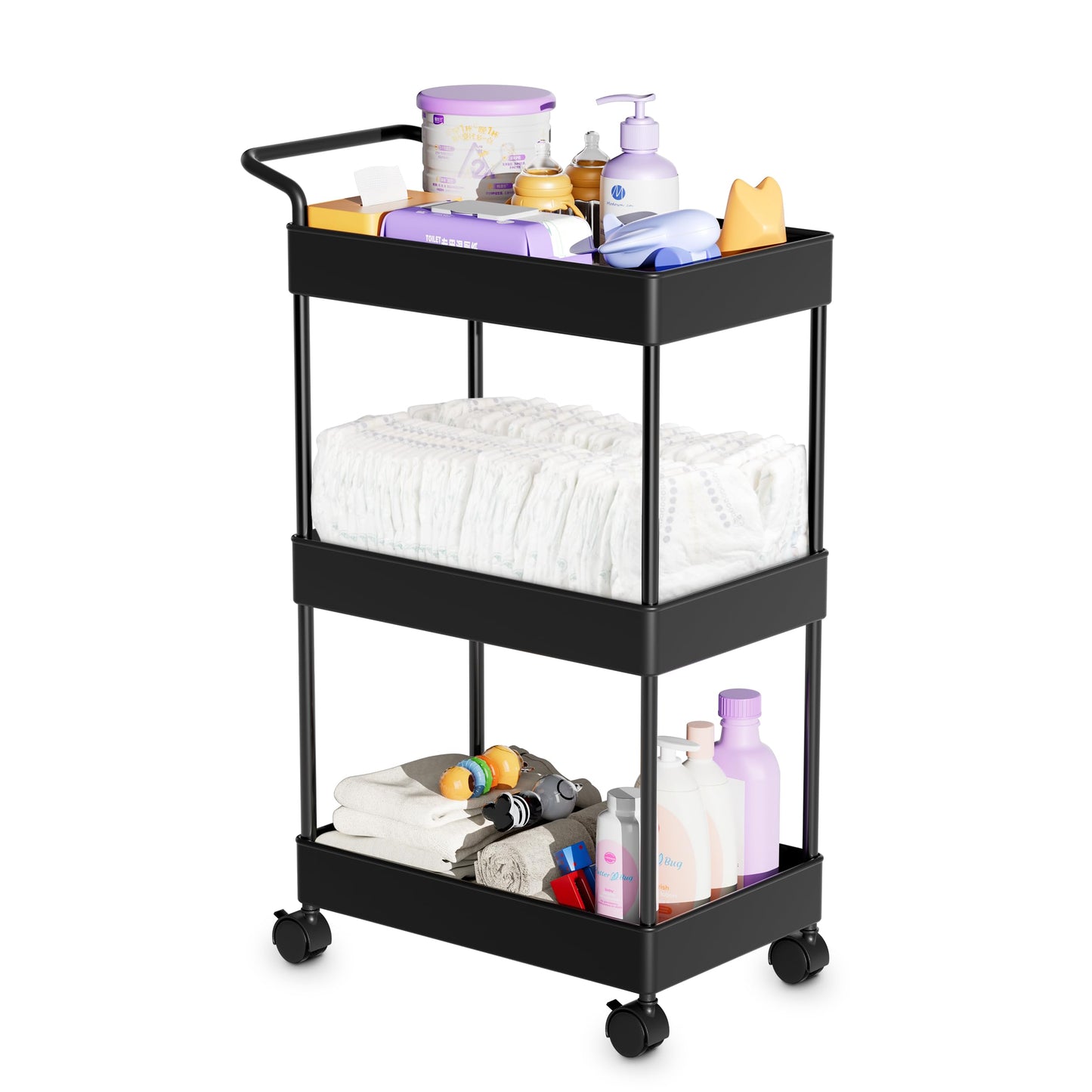 Volnamal Diaper Caddy - Plastic Diaper Organizer for Nursery Essentials, Baby Organizers and Storage, Movable Cart for Changing Table & Crib, Baby Registry Search, Black