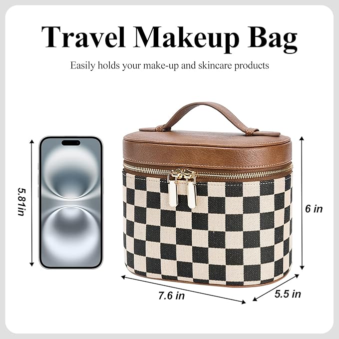 honitty Makeup Bag, Checkered Make up Case with Compartments and Handle, Portable Cosmetic Organizer Bags,Toiletry Bag for Women