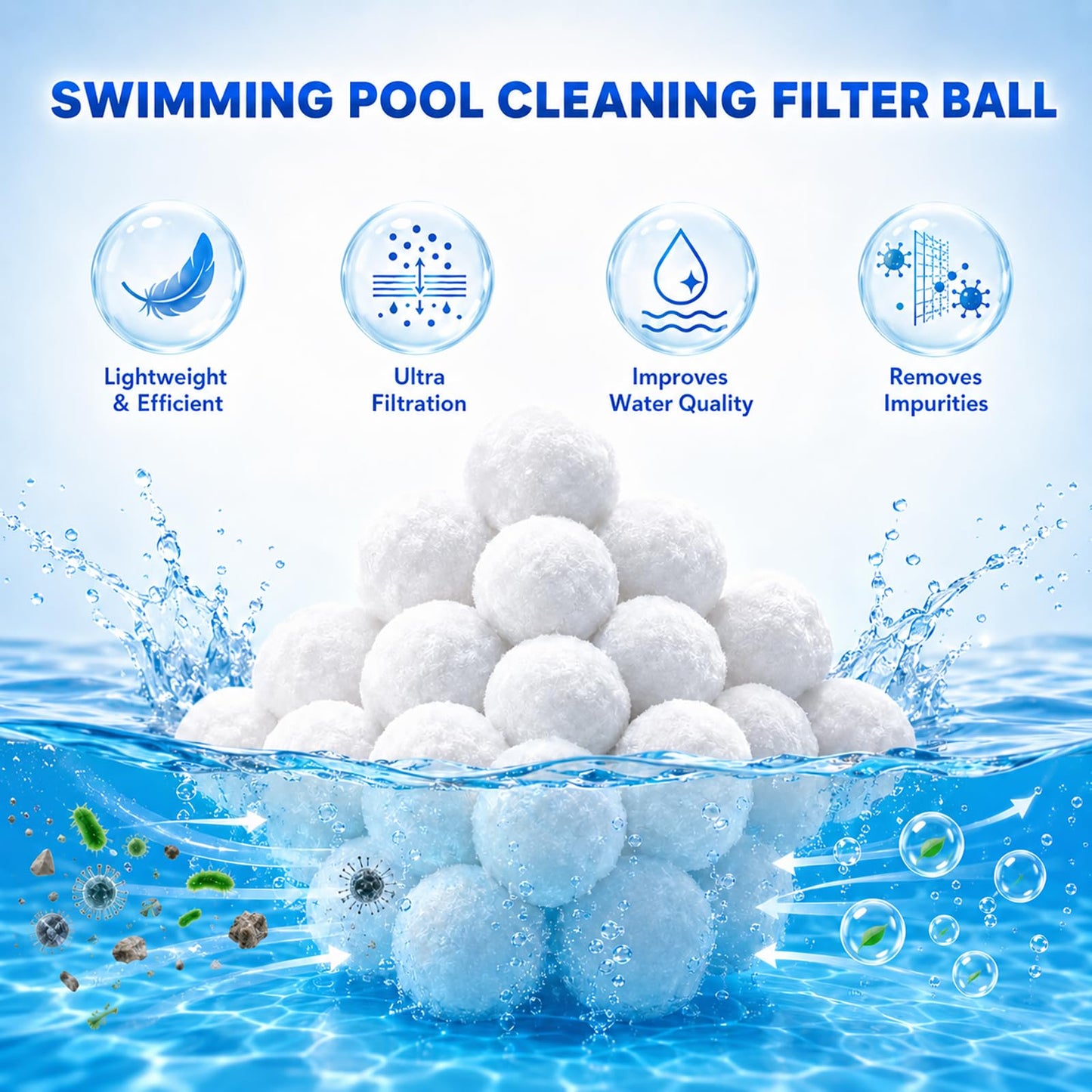 Bohodiy 1.5 lbs Pool Filter Balls for Sand Filter, Reusable Pool Fiber Filter Balls Replace 55lbs Pool Filter Sand，Efficient Pool Filter Media Balls for Filter Pump, Pool Cleaning (1.54 Lbs)