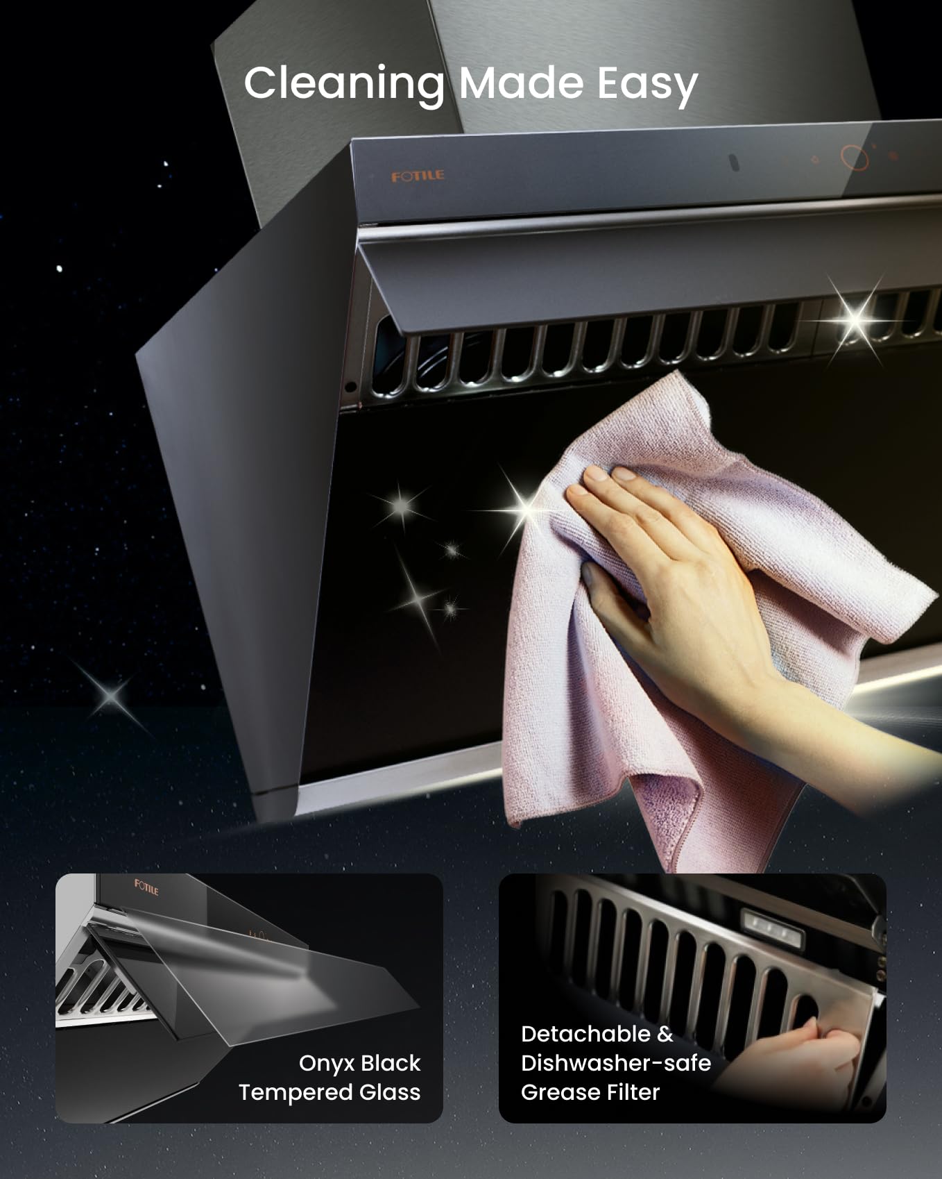 FOTILE JQG7507 Under Cabinet or Wall Mount Kitchen Range Hood 1100 CFM 4 Speed Level with LED Lights, Fingerprint Resistance and Motion Control