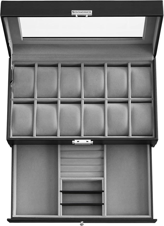 SONGMICS Watch Box, 12-Slot Watch Case Organizer with Large Glass Lid, 2 Layers, Removable Pillows, Metal Lock, Gift for Loved Ones, Black Synthetic Leather, Gray Lining UJWB012