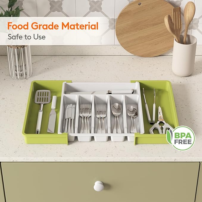Lifewit Silverware Drawer Organizer, Expandable Utensil Tray for Kitchen, BPA Free Flatware and Cutlery Holder, Adjustable Plastic Storage for Spoons Forks Knives, 13-22 x 15", Green&White