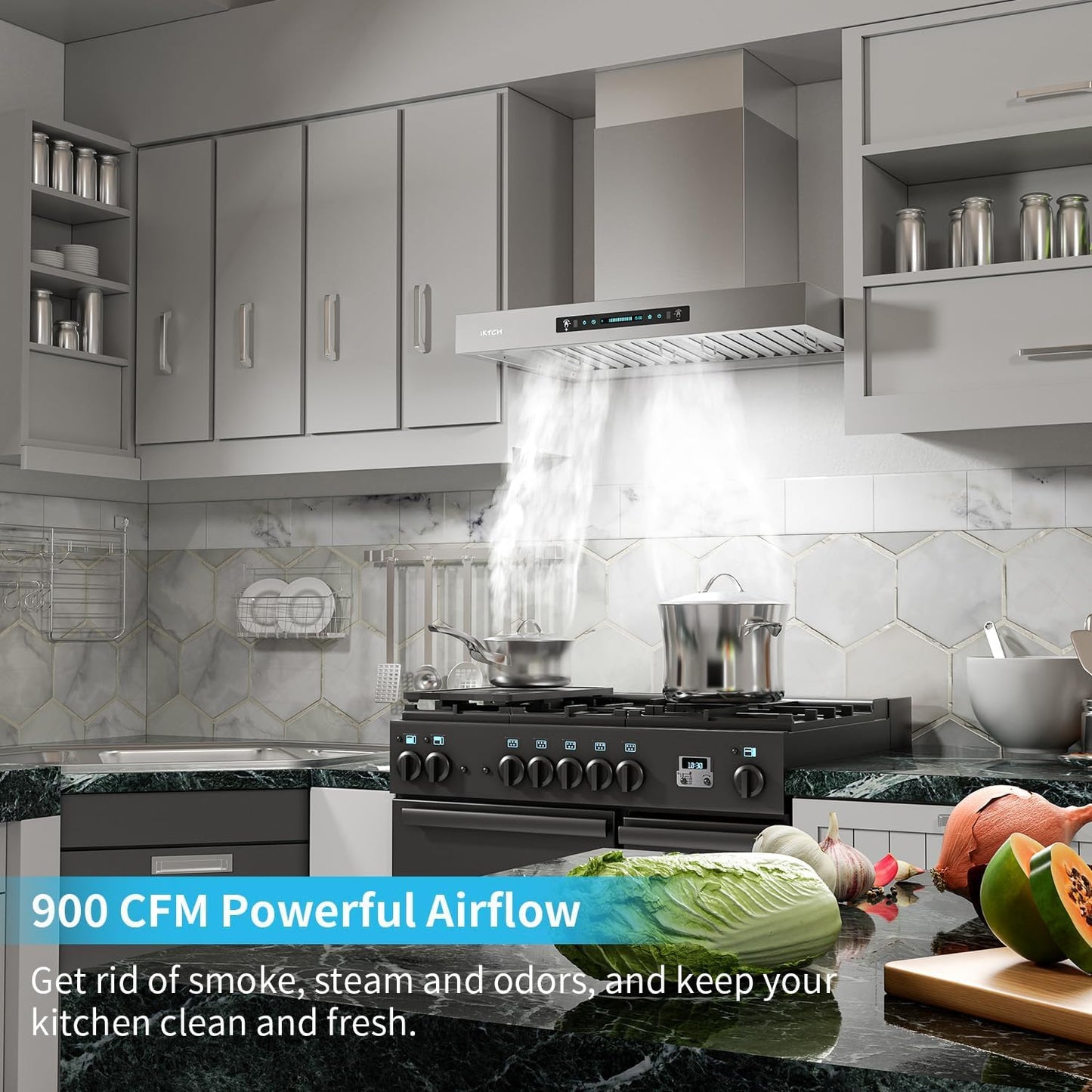 IKTCH 36 Inch Wall Mount Range Hood with 1200 CFM, 4-Speed Fan, Ducted Range Hood, Gesture Sensing & Touch Control, Durable Stainless Steel IKP01-36