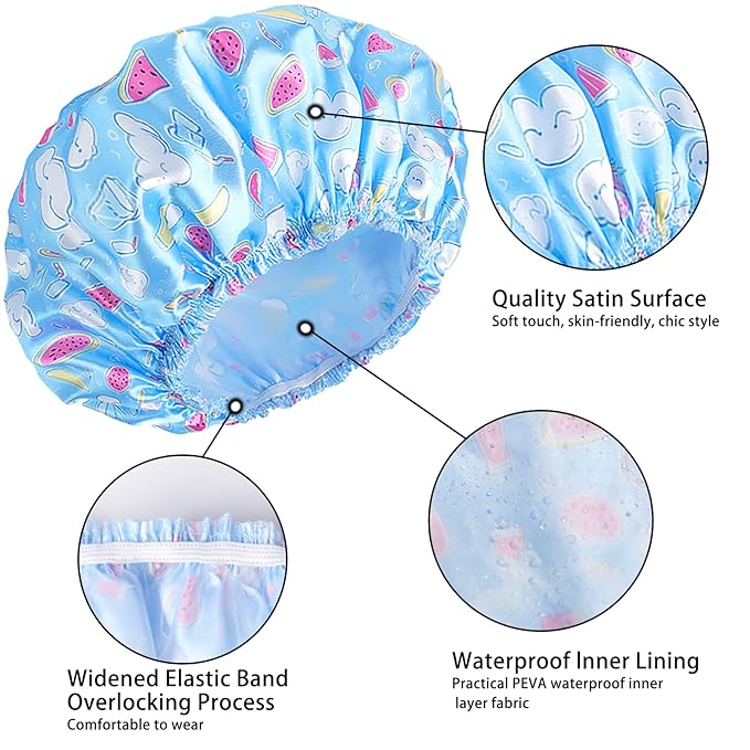 4 PCS Shower Cap for Women, Elastic and Reusable Bath Caps, Double Layers Shower Caps Reusable Waterproof, Bathing Shower Caps, Environmental Bath Hair Protection Cap - Watermelon