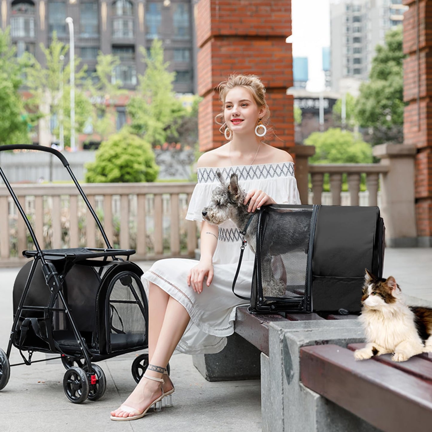 LPOTIUS Double Pet Stroller for Dogs and Cats with 2 Detachable Carrier, Quick-Folding Dog Stroller for Medium Small Dogs Cats, 4 Wheels, Black
