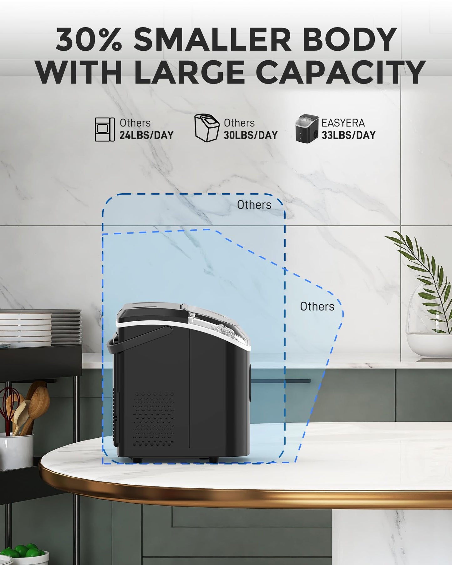 EASYERA Nugget Ice Maker Countertop, 33LBS/24H, Self-Cleaning Portable Pebble Ice Machine with Soft Chewable Pellets Sonic Ice, Buscket and Scoop, for Home/Kitchen/RV/Party/Camping/Office, Black