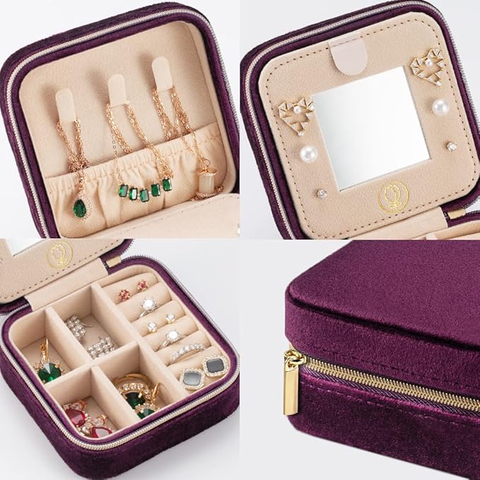 Plush Velvet Travel Jewelry Case, Travel Jewelry Organizer, Jewelry Travel Case, Travel Jewelry Box, Small Jewelry Case for Women,Jewelry Travel Box, Earring Organizer with Mirror - Purple