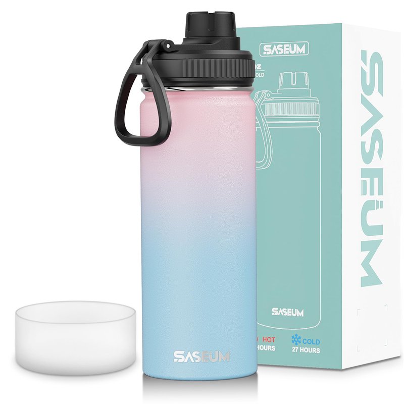SASEUM Sport Water Bottle 18oz Stainless Steel Double Wall Vacuum Thermal Mug with Leak Proof Spout Lids, Wide Mouth Metal Insulated Water Jug for Gym and Travel（Blue Pink）