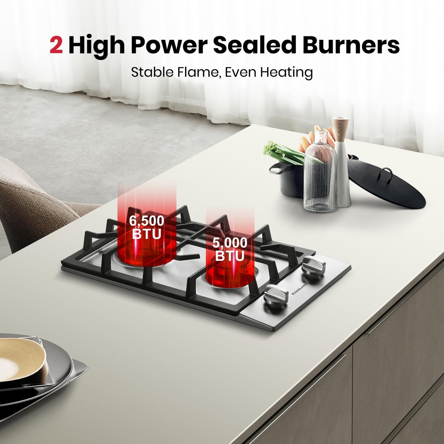 GASLAND 12 Inch Gas Cooktop 2 Burners, Drop-in Propane Stove Top with Thermocouple Protection, LPG/NG Convertible Dual Fuel Natural Gas Hob, Stainless Steel