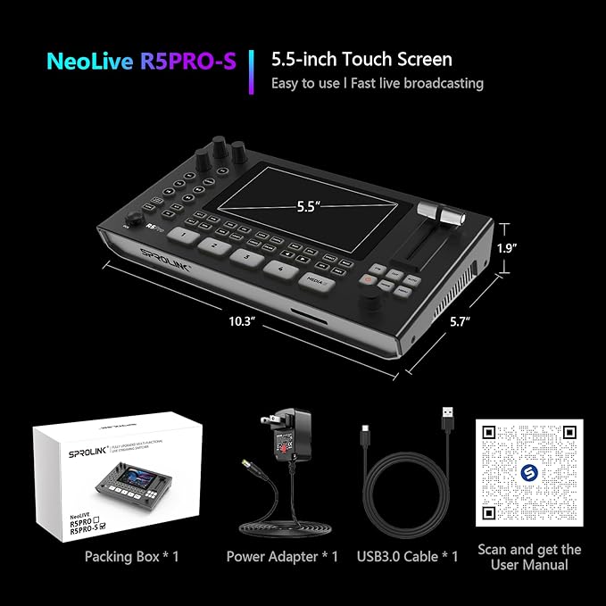 SPROLINK Neolive R5S PRO Professional Live Streaming Switcher, 5.5-inch Screen, Dual 4K HDMI Input, Support AUX and PGM Output, Multi-Functional Video Mixer