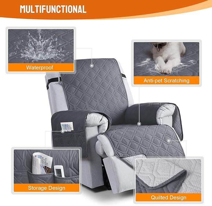 VANSOFY 100% Waterproof Recliner Chair Covers, Recliner Cover Non-Slip Dog Chair Cover Furniture Protector Washable Slipcover with Pocket, Elastic Straps for Pets, Dogs(Dark Gray, 25")