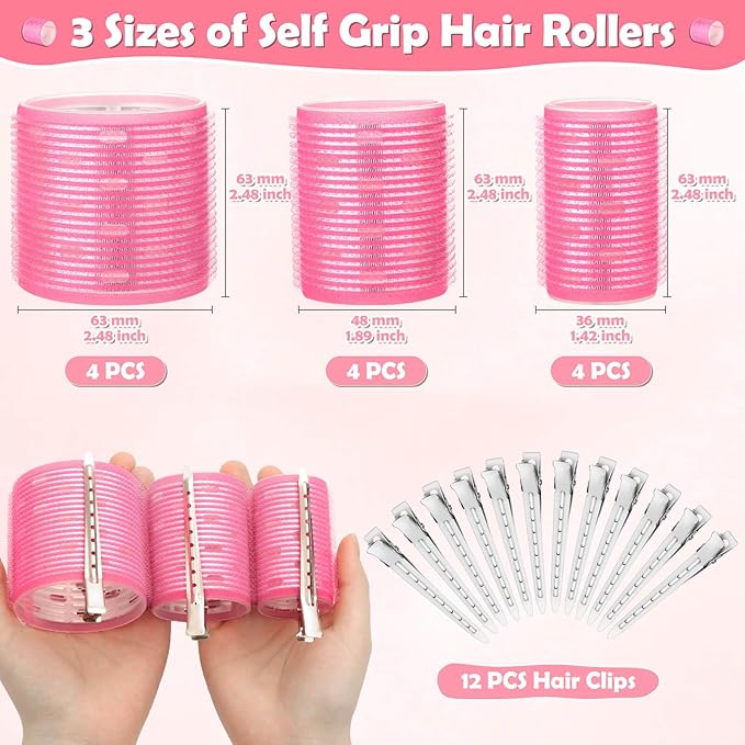 Thermal Jumbo Rollers Hair Curlers Set with Clips - 24 Large Self-Grip Rollers for Volume and Curls on Long, Medium, Short Hair (63mm, 48mm, 36mm)