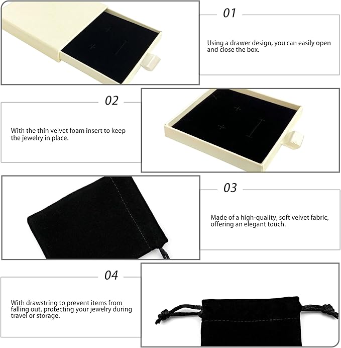 Small Jewelry Gift Box and Velvet Bag, Necklace Bracelet Earring Cardboard Organizer Square Jewellery Gift Box Pendent Storage Case for Birthday Xmas Christmas Wrapping (Beige)