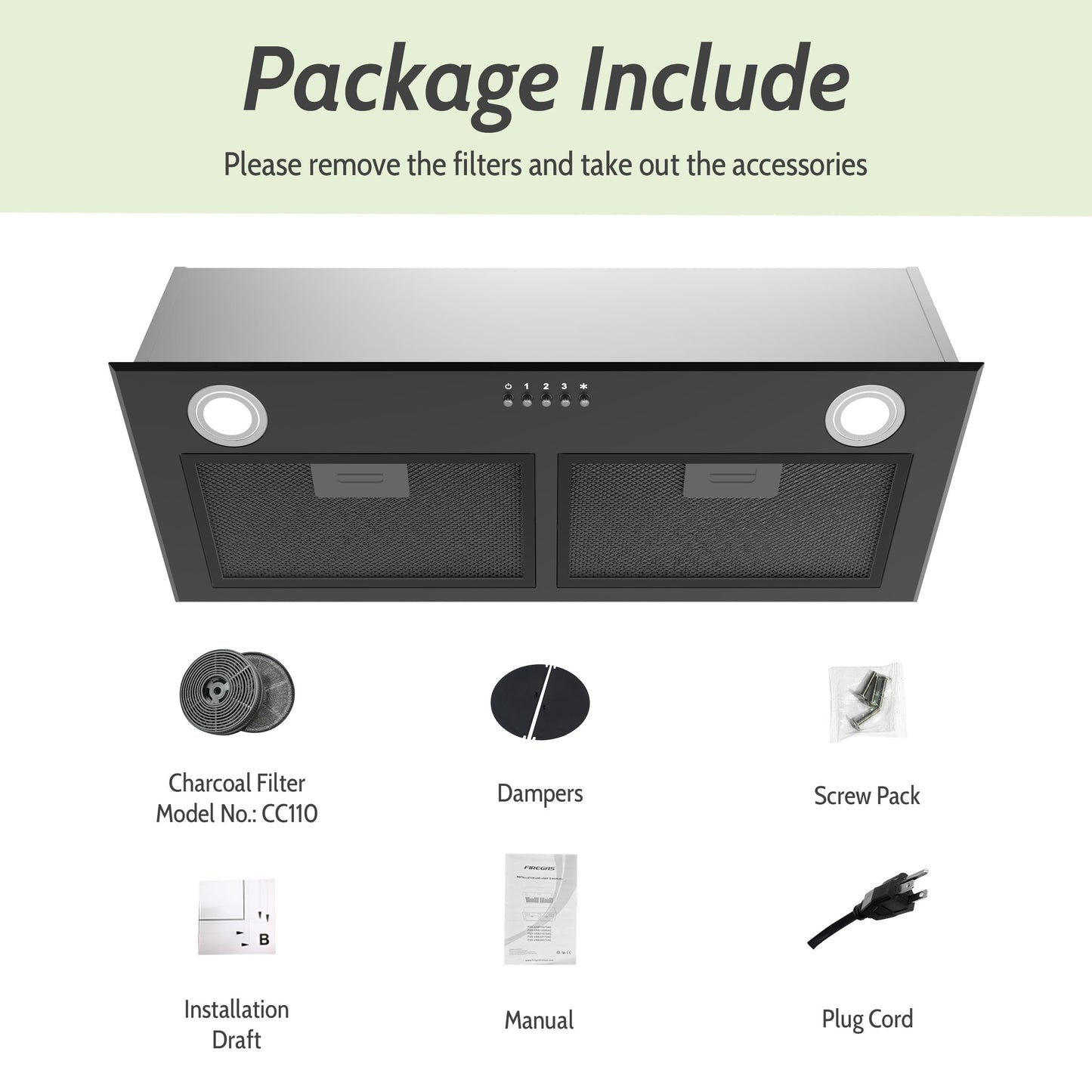 FIREGAS Black Range Hood 28 Inch, Built-in Kitchen Vent Hood with 450 CFM, 3 Speed Exhaust Fan, 2 LED Lights & Button Control, Ducted/Ductless Convertible