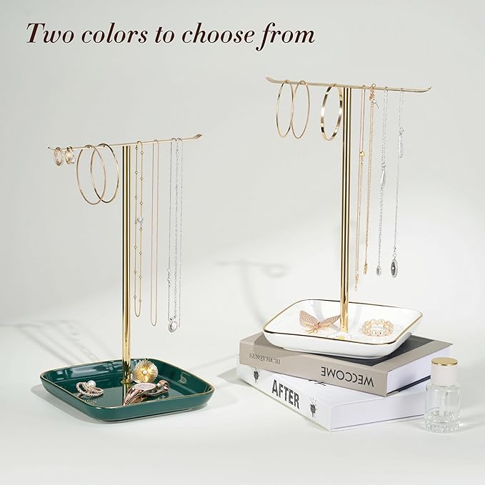 Jewelry Holder Stand with Ceramic Base: 12" Tall Necklace Organizer Rack, Tree Design Display Storage for Necklaces, Bracelets, Rings, Earrings, Aesthetic Room Décor for Girls and Women, Green