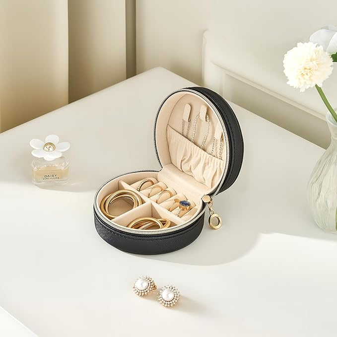 ProCase Travel Size Jewelry Box, Mini Portable Seashell-Shaped Jewelry Case, 2 Layer Organizer in PU Leather for Women -Black