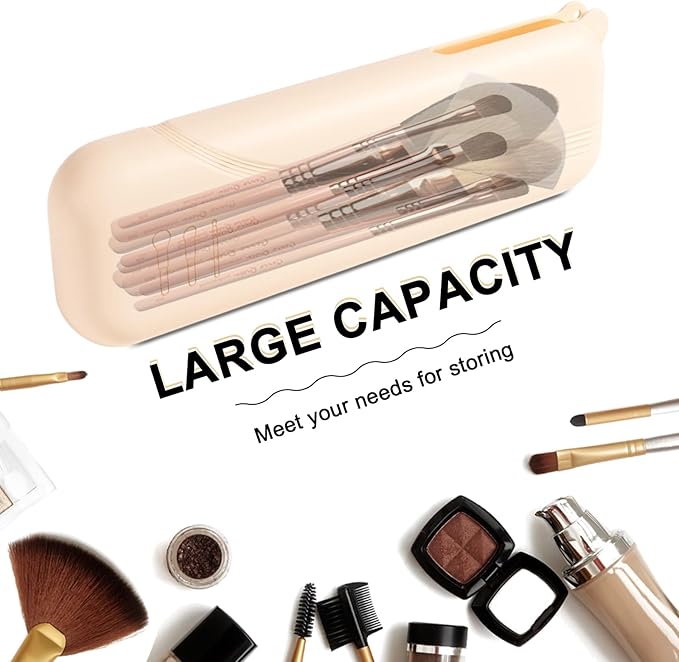 Silicone Makeup Brush holder travel case,Large makeup brush bag with Half-open Snap Design, Anti-fall Out vanity organizer for Toothbrushes,lipstick,eyebrow pencil,BB Cream,Liquid Foundation (Beige)