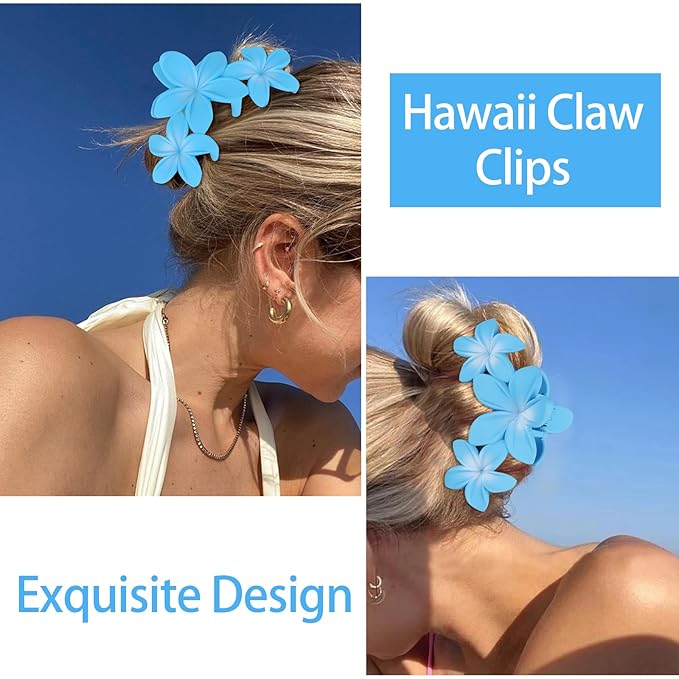 ANBALA 4PCS Flower Hair Clips Plumeria Hawaiian Claw Clips for Thick Hair Non-Slip Strong Hold Beach Accessories for Women Girls (Blue)