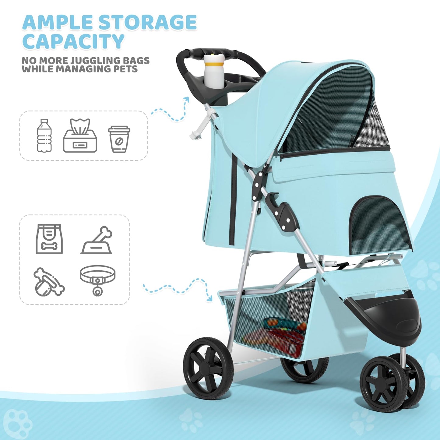 Magshion 3-Wheel Pet Stroller, Foldable Travel Jogger for Small & Medium Dogs & Cats (Up to 33lbs), Lightweight Carrier with Breathable Mesh Cover, Cup Holder & Storage Basket, Mint Green