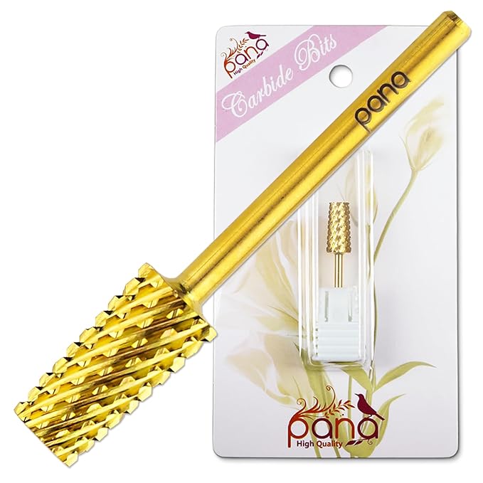 PANA Tapered Barrel Carbide 3/32" Shank Size - (Gold, Coarse Grit) - Fast remove Acrylic or Hard Gel Nail Drill Bit for Manicure Pedicure Salon Professional or Beginner
