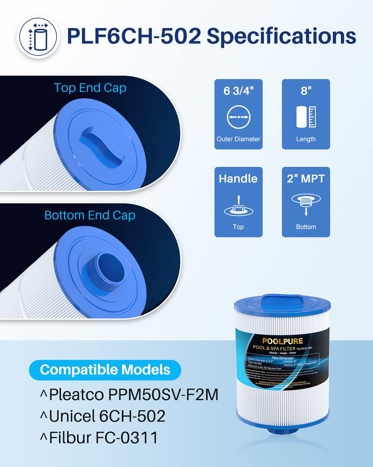 POOLPURE PAS50SV-F2M Spa Filter Replaces Unicel 6CH-502, Filbur FC-0311, Excel Filters XLS-604, Baleen AK-90161, Magnum AR50, Master Deluxe M60506 Hot Tub Filter, 2 Pack