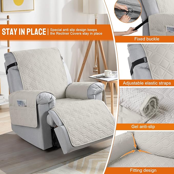 VANSOFY 100% Waterproof Recliner Chair Covers, Recliner Cover Non-Slip Dog Chair Cover Furniture Protector Washable Slipcover with Pocket, Elastic Straps for Pets, Dogs(Beige, 22")