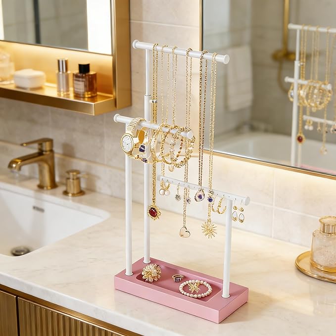 SRIWATANA Jewelry Organizer Stand, Extra Tall Necklace Holder Jewelry Holder, Gift Idea (Pink & White)