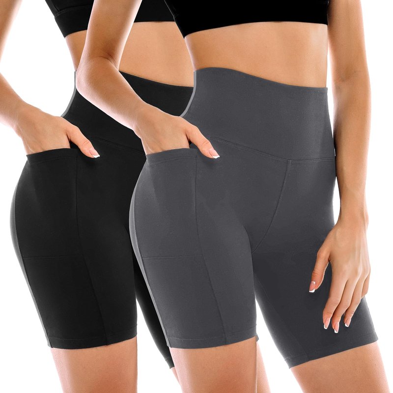 Leafigure 2 Pack Womens Biker Shorts with Pockets, High Waisted Tummy Control Yoga Shorts for Women Running Gym and Workout Black/Grey S-M