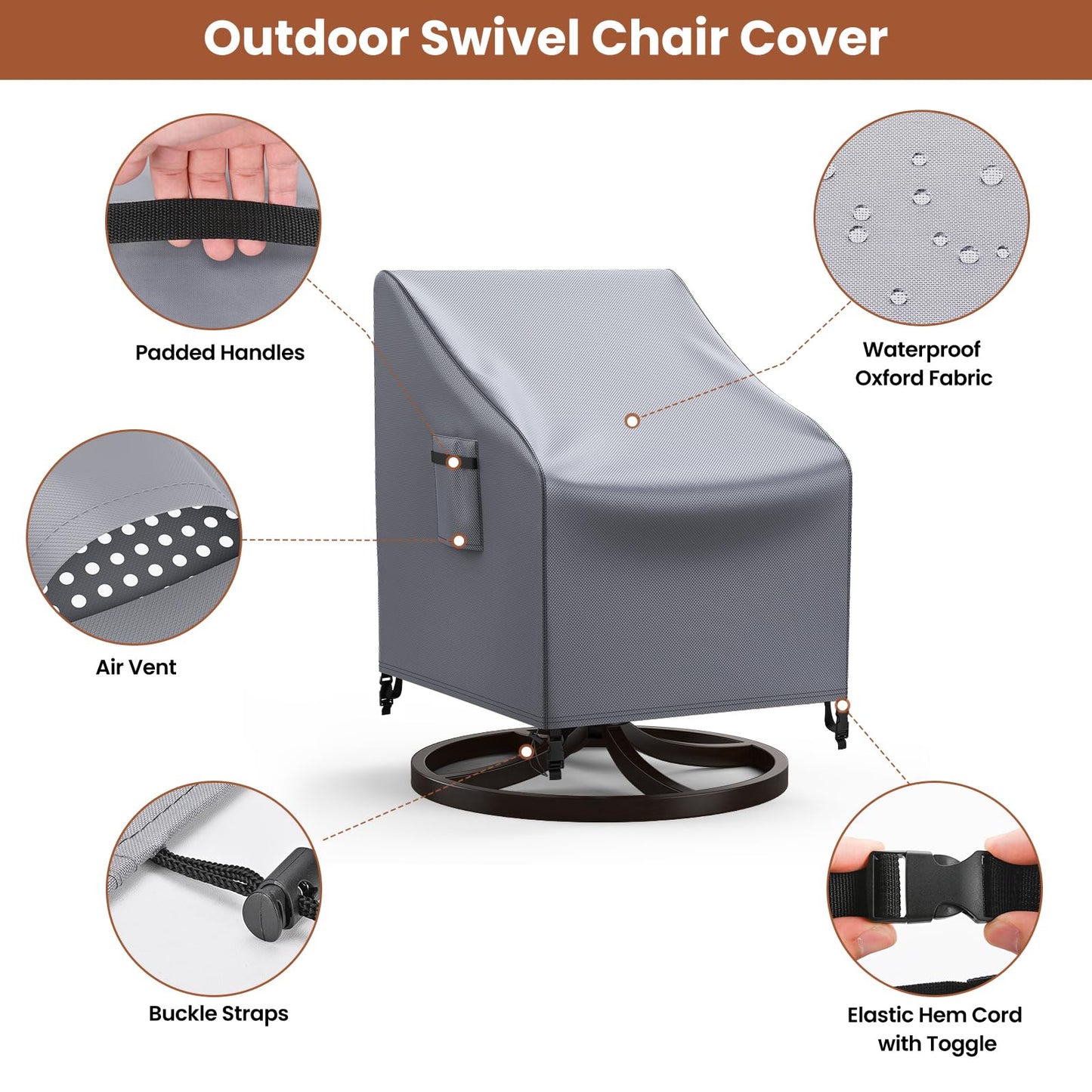 Mrrihand Patio Chair Covers, 2 Pack Outdoor Swivel Lounge Chair Cover, Heavy Duty Patio Rocking Chair Covers, Patio Furniture Covers Waterproof, 30" W×34" D×38.5" H, Grey