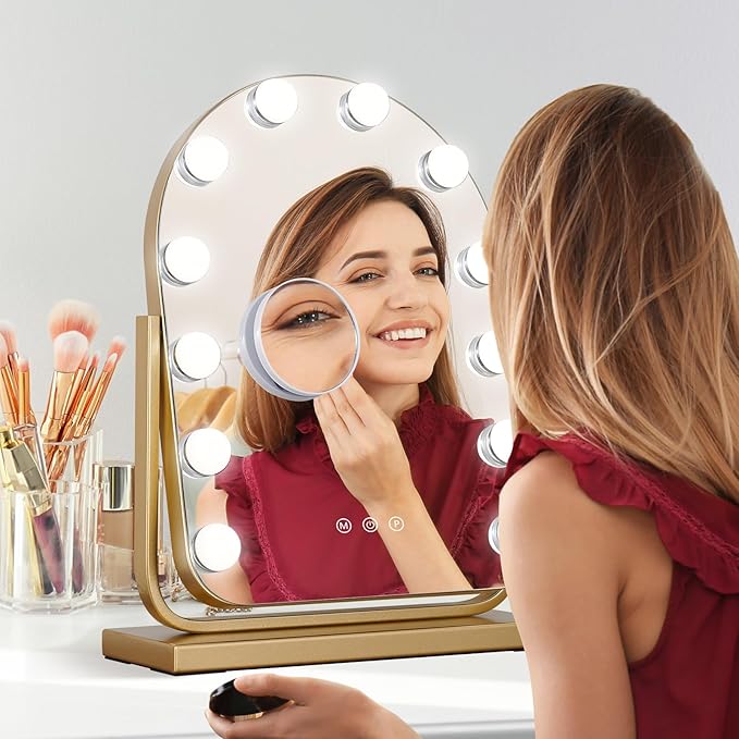 Vanity Mirror with Lights,17.3"ÃÂ13" Lighted Makeup Mirror with 12 Dimmable LED Bulbs,10X Magnification Smart Touch Control Hollywood Mirror with Lights,3 Colors Dimmable,360ÃÂ° Rotation (Gold)