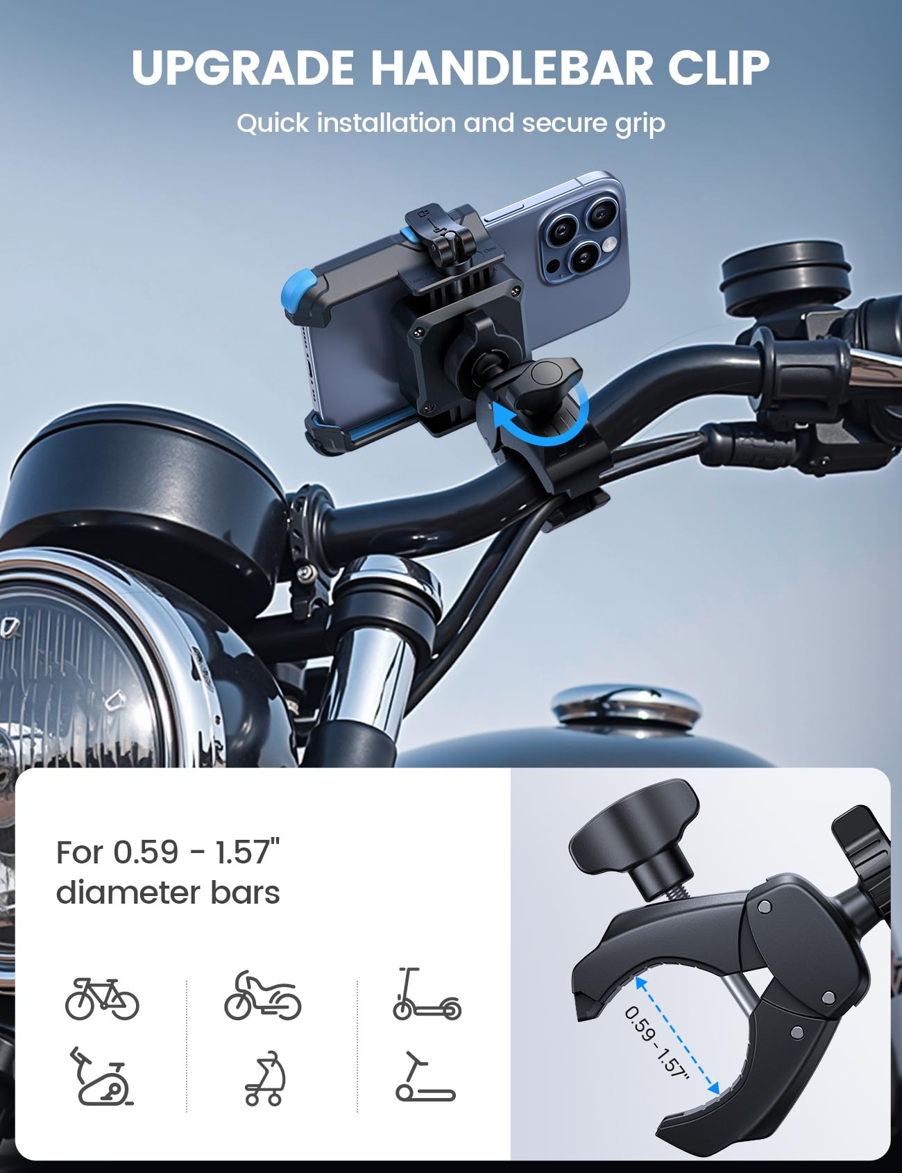 Lamicall Motorcycle Bike Phone Mount - [1s Quick Release] Bike Cell Phone Holder Clip, Bicycle Scooter Handlebar Clamp, Gifts for iPhone 17 16 15 14 Pro Max, Galaxy S25 S24 Ultra, 4.7-7" Phones, Blue