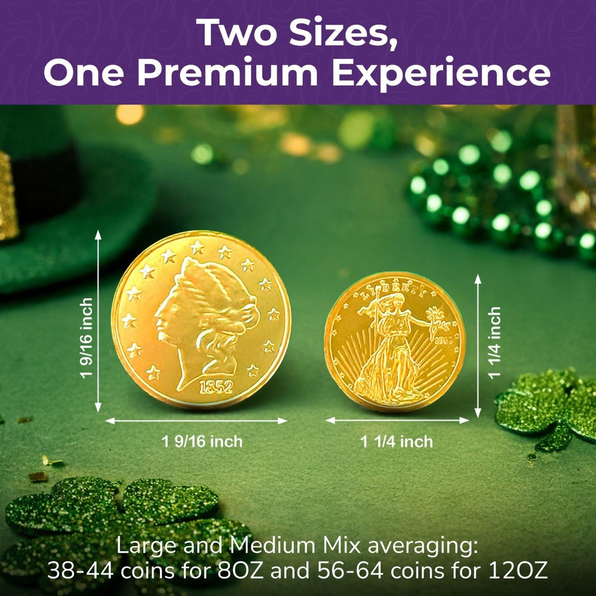 Madelaine St. Patrick’s Day Gold Chocolate Coins - 8 Oz About 40 Assorted Sizes Milk Chocolates Gold Coins - Individually Wrapped St Patrick’s Day Candy Basket Fillers Holiday Treats & Party Favors