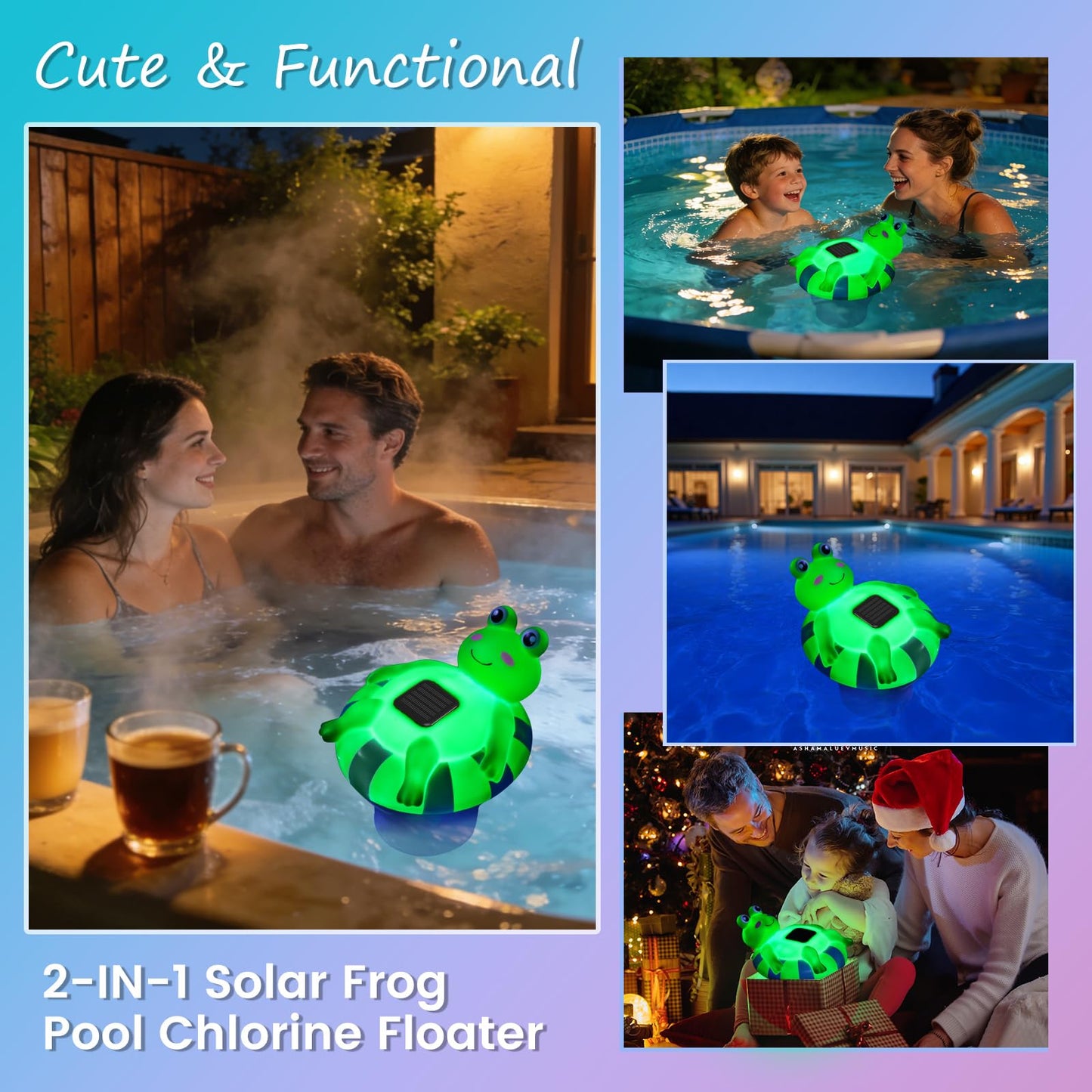 Uekars Solar Frog Pool Chlorine Floater for 3 Inch Tablets, Chlorine Tablet Floater w/Adjustable Release, Glow in Dark, Large Capacity Floating Chlorine Dispenser for Pool, Hot Tub,Spa,Blue-Green,9In