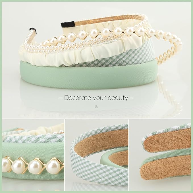 Fashion Headbands for Women Girls Headbands Set, 5pcs Pearl Headband Floral Head bands Padded Headbands for Women Vintage Wide Headband (Green)