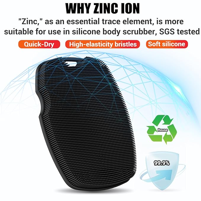 Canroom Silicone Body Scrubber - Zinc Infused-Highly Elastic Bristles Exfoliating Body Scrubber for Shower Body,Cellulite Reduction,Blood Circulation- Black