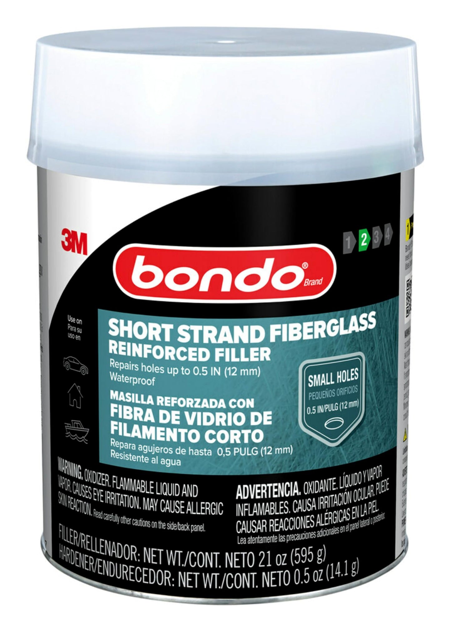 3M Bondo Short Strand Fiberglass Reinforced Filler 1.37 LB (621 g) with Bondo Cream Hardener 0.5 oz (14g), Repair Holes Up To 0.5 IN, Waterproof (SS-PT-ES)