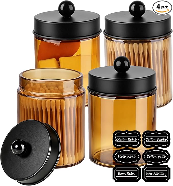 Amolliar 4 Pack Apothecary Jars Bathroom Vanity Storage Organizer Set -Countertop Canister with Stainless Steel Lids &Stickers Qtip Dispenser Holder for Cotton Swab (Amber-black Lid)