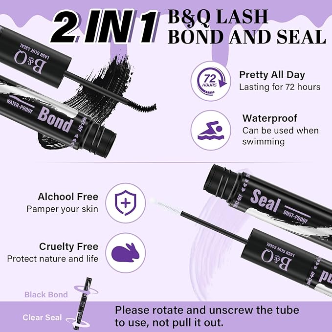 B&Qaugen Lash Bond and Seal Waterproof 10ML Eyelash Bond and Seal Lash Glue for Lash Clusters 72 Hours Black Lash Glue and Bond Super Strong Lash Extension Bond and Seal Long Lasting (NewST-HEI New)