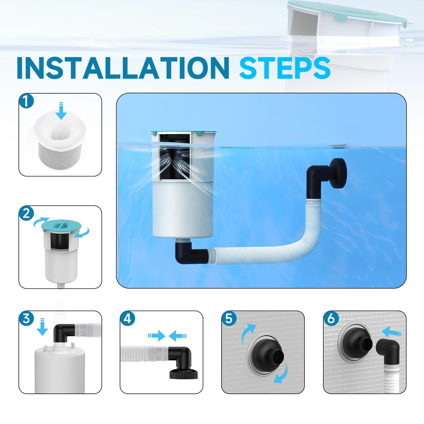 JJ JIANJIN Above Ground Pool Skimmer,No Installation Required, no Adjustable Bracket Required,Comes with 10 Filter Socks, Special Note: The Pool Pump Flow Rate Must not Exceed 2100 GPH(Turquoise)