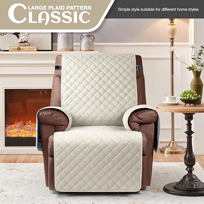 KinCam 100% Waterproof Recliner Chair Cover, Reclining Couch Covers for Pets, Dogs, Recliner Couch Slipcover Furniture Protector with Elastic Straps for Kids(23.6", Ivory)