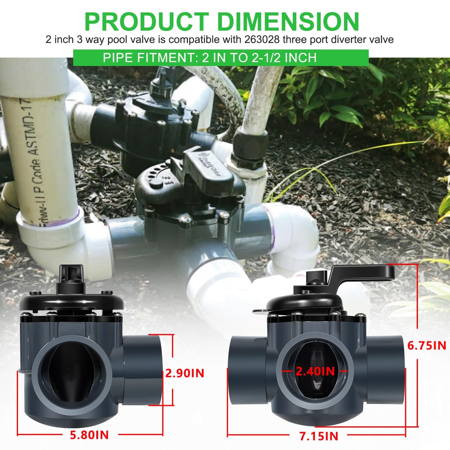 Ussuray 3 Way Pool Valve 2 Inch, Positive Non-Lube Diverter Valve Replacement for 263028 Valve, Used for Pools and Spas, Works with Heaters, Chemical Dispensers, and Salt Generators
