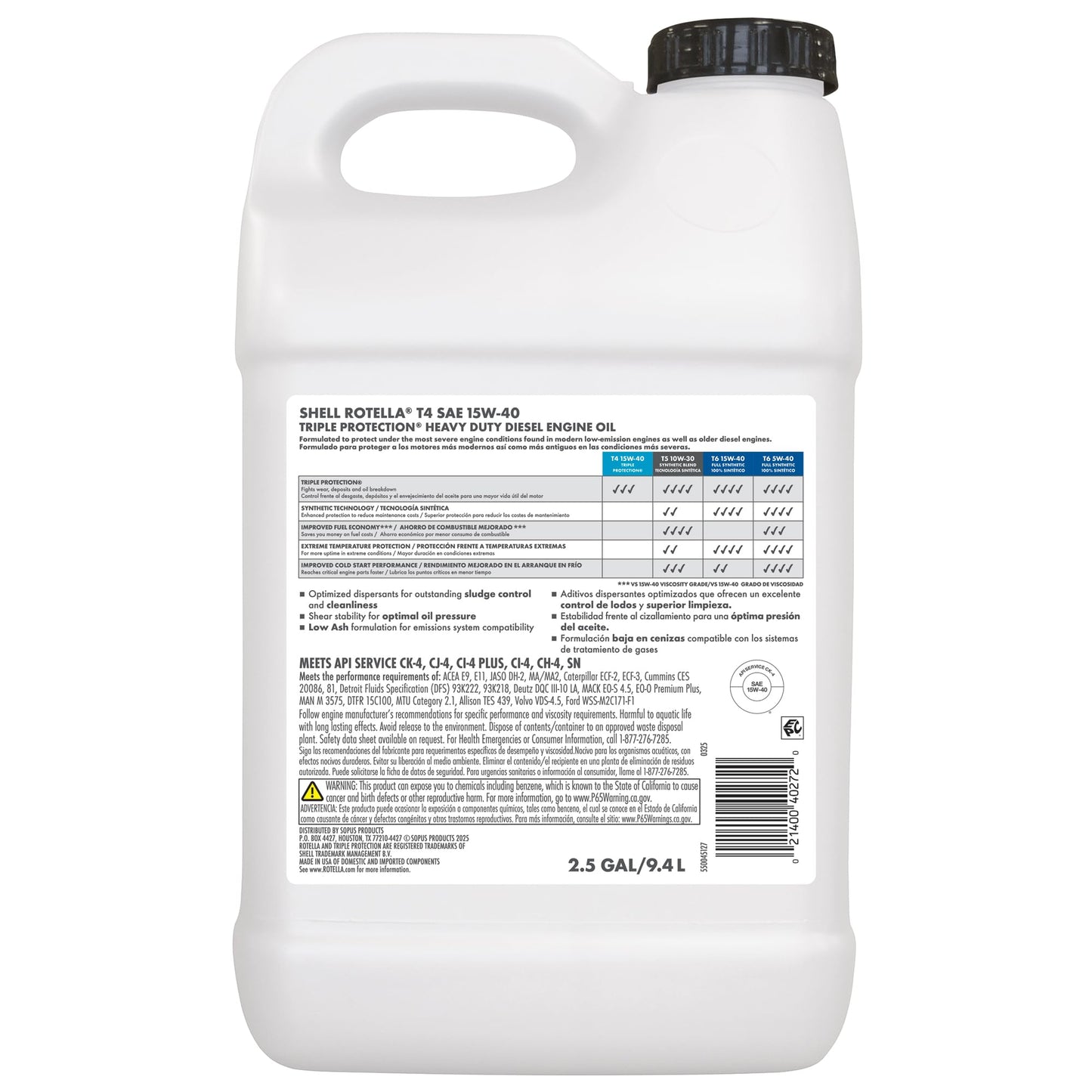 Shell Rotella T4 Triple Protection 15W-40 Diesel Engine Oil, 2.5 Gallon