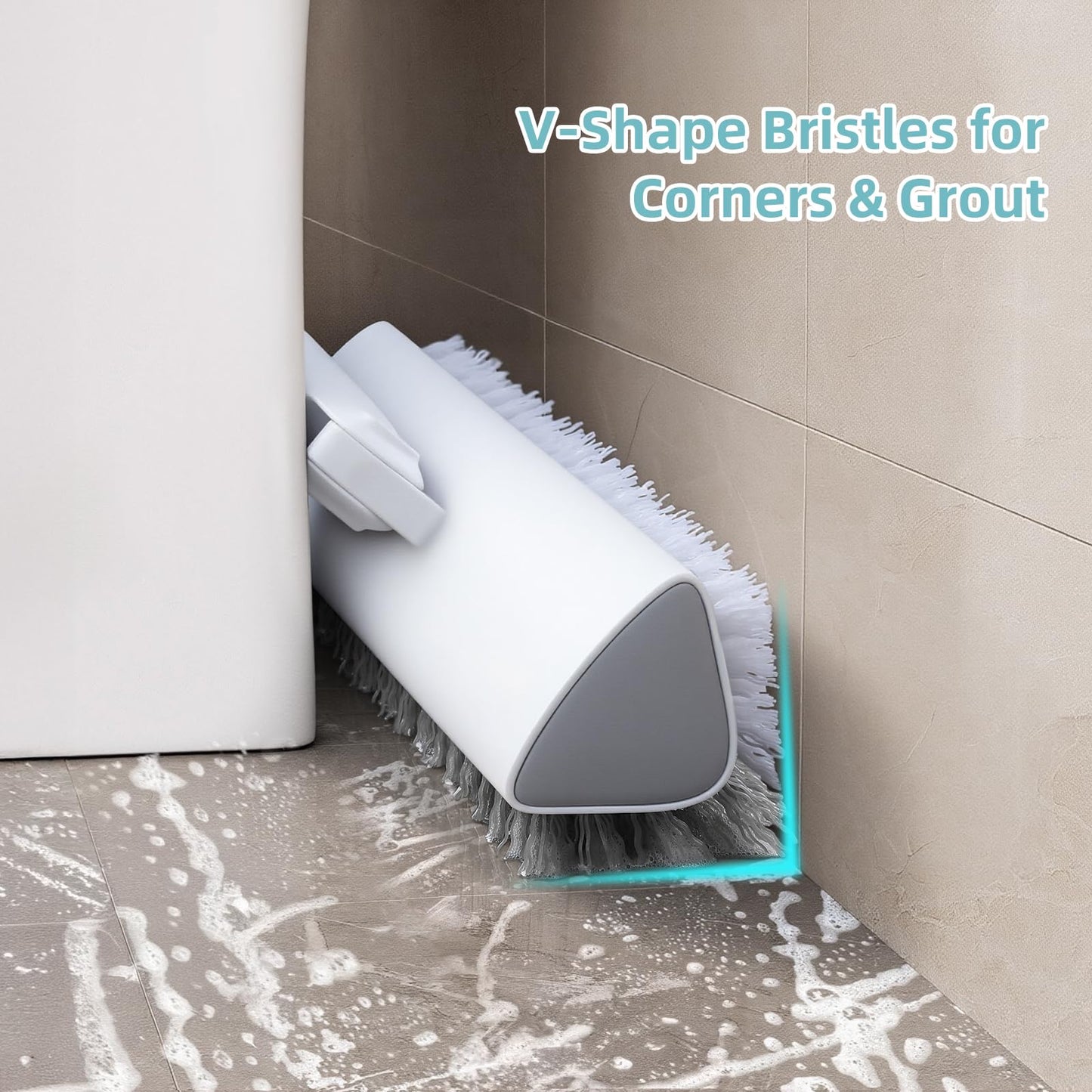 MOPALL Floor Scrub Brush with Long Handle 55", Dual-Sided Stiff Bristle Grout Brush with 180° Rotatable V-Shape Head, Heavy Duty Shower Cleaning for Bathroom Tile, Patio, Deck, Garage, Pool & Corner