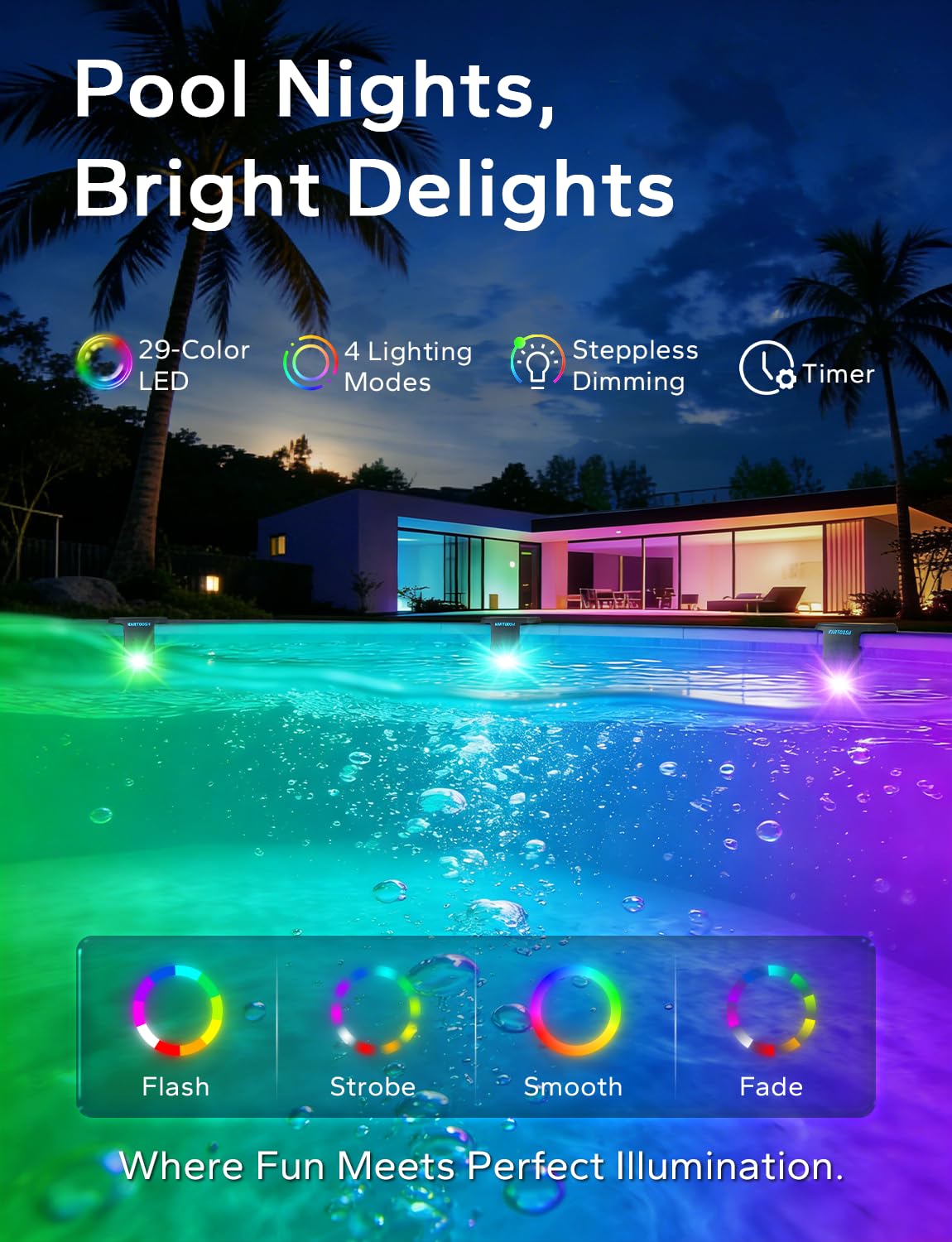 KARTOOSH Solar Pool Lights for Inground Pool - Upgraded Extendable 10000mAh Wireless Underwater LED Lights, 29 RGB Colors 4 Modes, Light Sensing with Timer, Remote Control, Waterproof Design