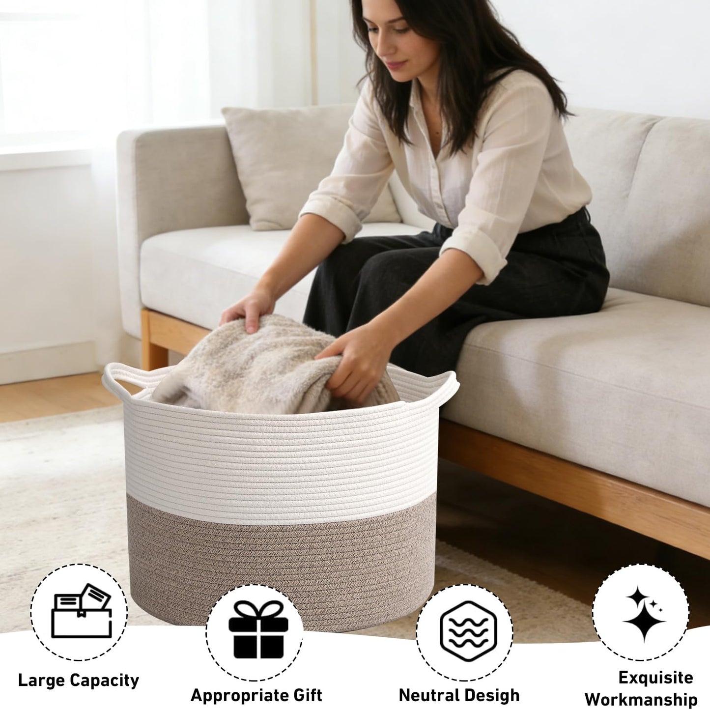 HZFTJOY 65L Large Woven Cotton Rope Blanket Basket with Handles, Laundry Hamper Storage Bin for Pillows, Clothes, Bedroom and Living Room Organization, White & Brown