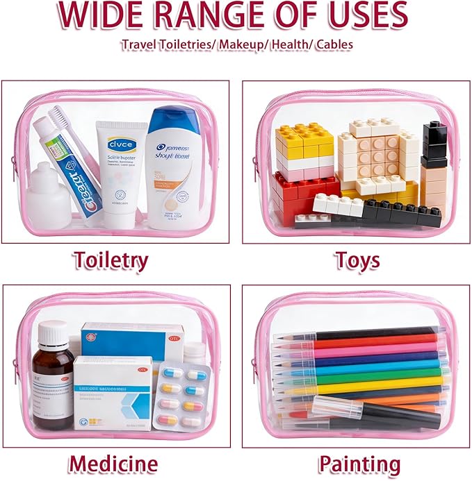 12 Pieces Clear Makeup Bags Bulk, TSA Approved Toiletry Bag PVC Cosmetic Toiletries Pouch with Zipper, Waterproof Vinyl Plastic Organizer Case for Carry-on Travel Essentials (Pink Medium)