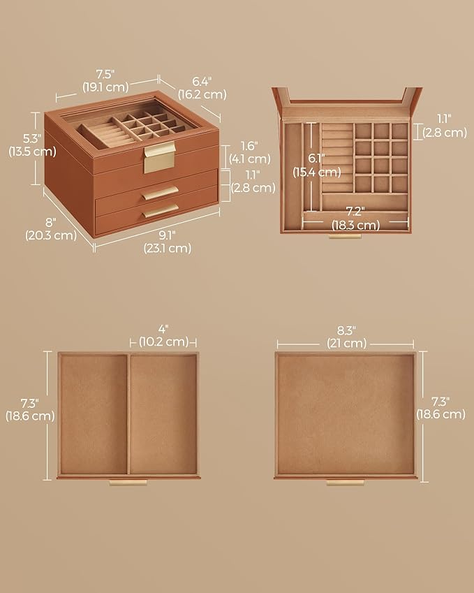 SONGMICS GISELLA Collection - Jewelry Box Organizer, 3-Layer Jewelry Storage with 2 Drawers, Shiny Metal Hardware, Glass Lid, Modern, 8 x 9.1 x 5.3 Inches, Caramel Brown and Gold Color UJBC239K01