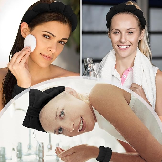6 Pcs Puffy Terry Cloth Spa Headband and Wristbands for Face Skincare, Makeup Removal, Yoga, Shower, Spa Party, One Size, Unisex-Adults