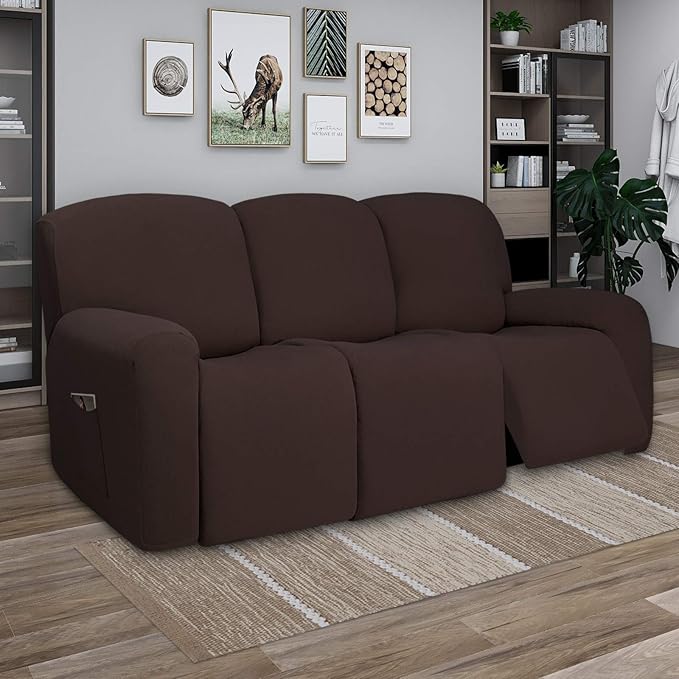 PureFit Super Stretch 3 Seats Recliner Chair Sofa Couch Cover with Pocket – Non Slip Soft Sofa Slipcover, Washable Spandex Reclining Furniture Protector for Kids, Pets (Recliner Sofa, Chocolate)